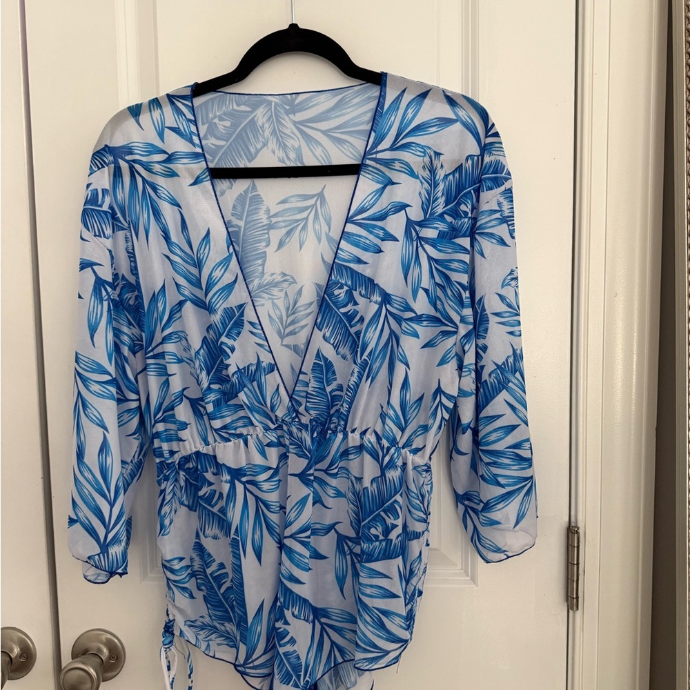 Blue Leaf Print Swim Coverup